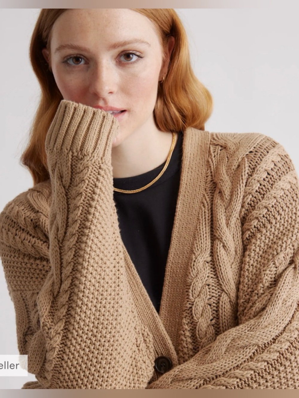 Quince‎ 100% Organic Cotton Oversized Cable Knit Cardigan Sweater Camel Tan Sz S - Picture 3 of 12